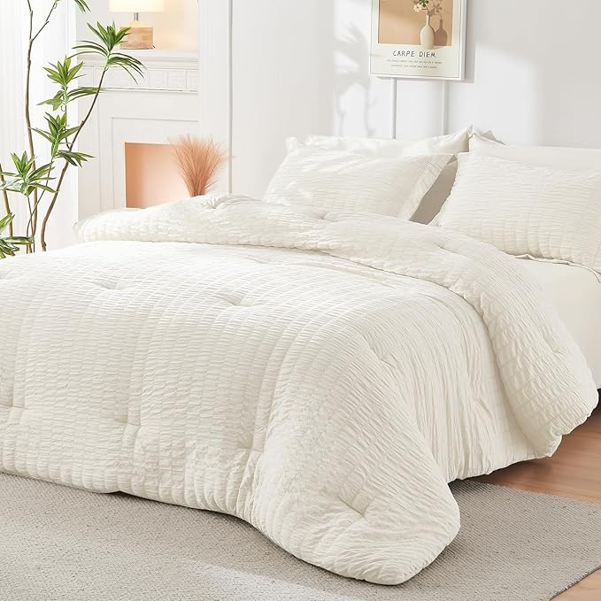 HYMOKEGE Ivory Full Size Comforter Sets Seersucker 7 Pieces, All Season Luxury - Image 8