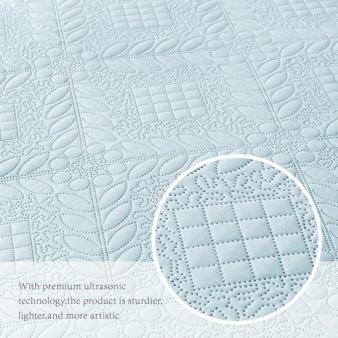FLYMME Twin Quilt Set, Lightweight Sky Blue Bedspreads, Vintage Olive Leaf - Image 6