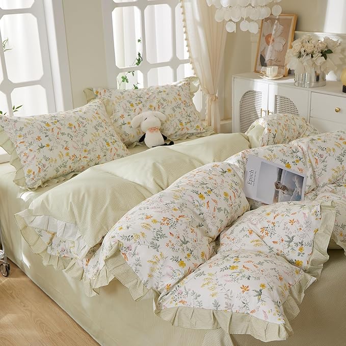 mixinni 100% Cotton Duvet Cover Set Queen, Reversible Spring Floral Ruffle - Image 9