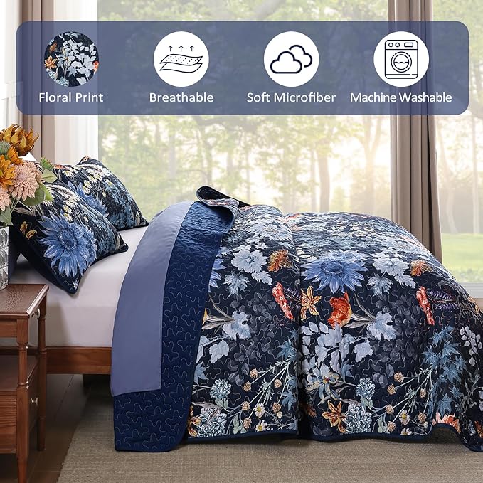 Yiran Navy Blue Sunflower Floral Quilts Queen Size, Botanical Fall Bedspread - Image 6