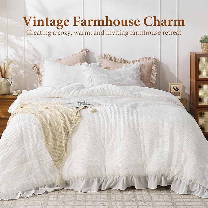 JOLLYVOGUE White Twin Size Comforter Set, 2 Pieces Seersucker Lightweight - Image 2
