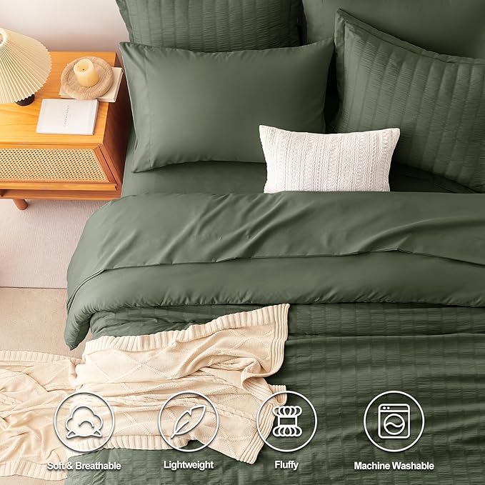 CozyLux Queen Comforter Set Dark Green Seersucker 7 Pieces Bed in a Bag Queen - Image 2