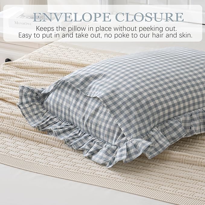 2 Pack Blue White Plaid Gingham Ruffle Pillow Shams Standard Size 20x26 inches - Image 4