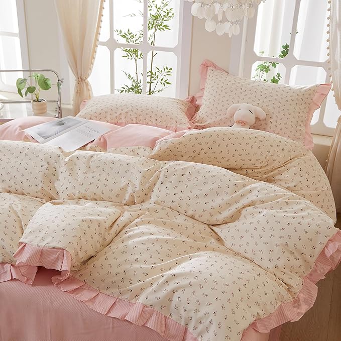 mixinni Pink Floral Duvet Cover Set King Size – 100% Cotton Ruffle Lace Bedding - Image 2