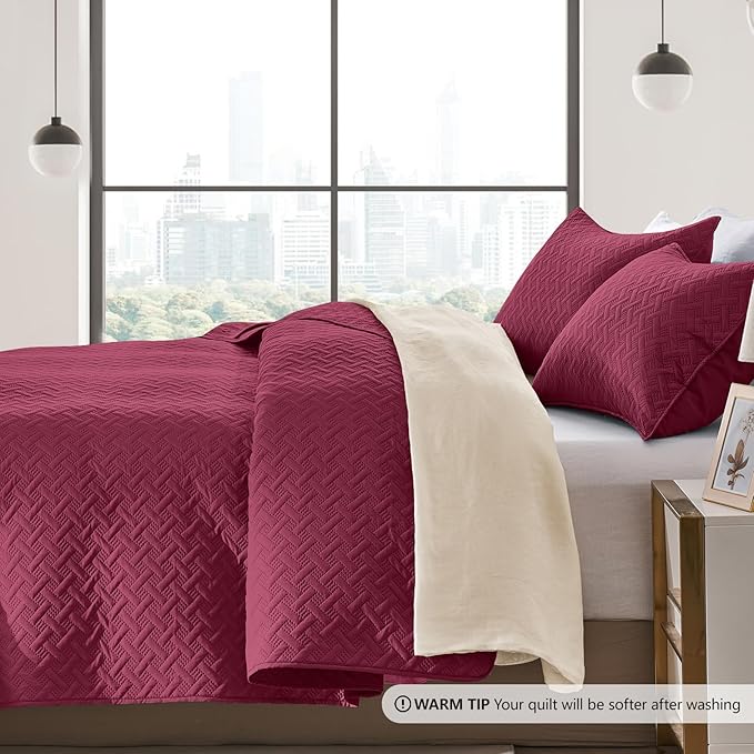 FLYMME Quilts King Size, Lightweight Burgundy Bedspreads, Basket Weave Pattern - Image 4