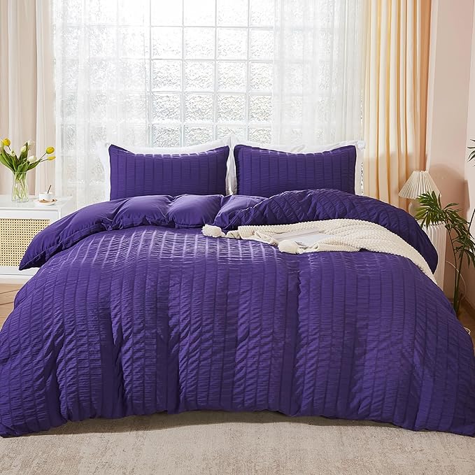 AveLom Dark Purple Duvet Cover Cal King, 3 Pieces, Seersucker Striped Soft by AveLom
