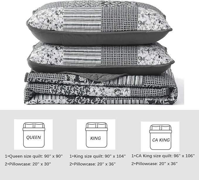 Mybedsoul Black Grey Boho Quilt Set California King Size, 3 Pieces Plaid Floral - Image 5