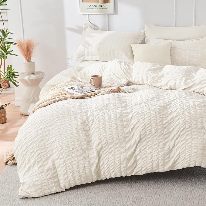 HYMOKEGE Ivory Duvet Cover Queen Size, Ultra Soft 3-Piece Seersucker Duvet by HYMOKEGE