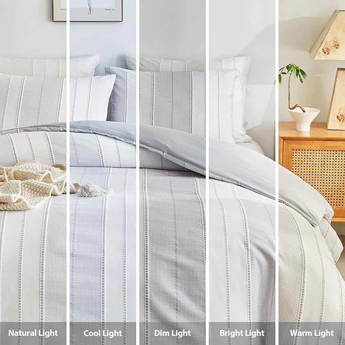 WARMDERN Light Grey Striped Weave Duvet Cover Queen Size, Microfiber Textured - Image 8