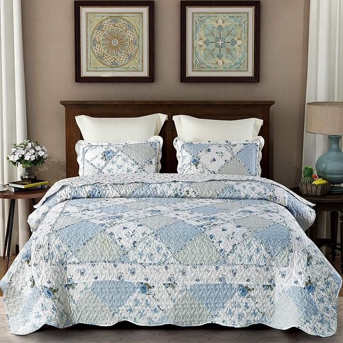 VIVILINEN Blue Floral Patchwork Quilt Set King Size Reversible Quilted Bedding - Image 2