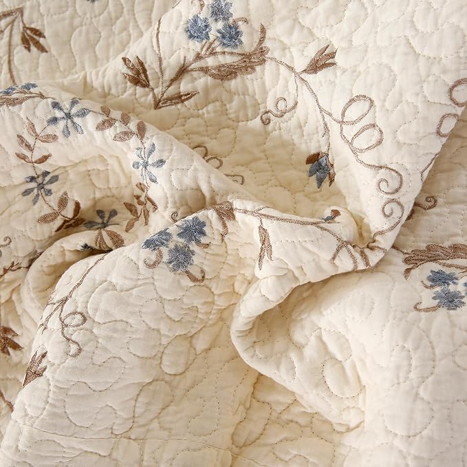Quilt Set Blue Floral 3D Embroidery Pattern 2 PCS 100% Cotton Reversible - Image 6