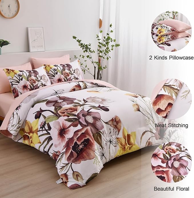 Luxudecor Floral Comforter Set Full Size 7 Piece, Blush Flower Bed in a Bag - Image 5