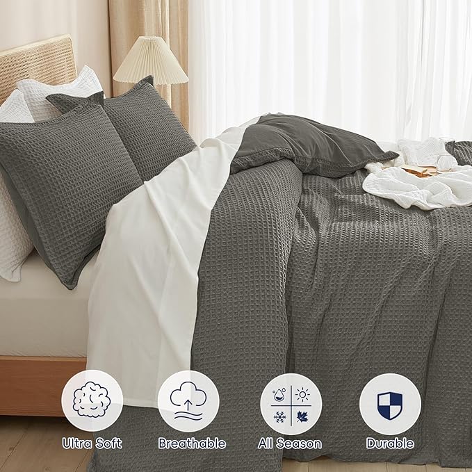 PHF Waffle Weave Duvet Cover Set Queen Size, No Snagging Ultra Soft Luxury - Image 4