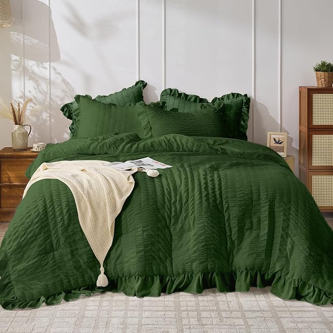 JOLLYVOGUE Dark Green Comforter Full Size, 3 Pieces Seersucker Lightweight Full by JOLLYVOGUE