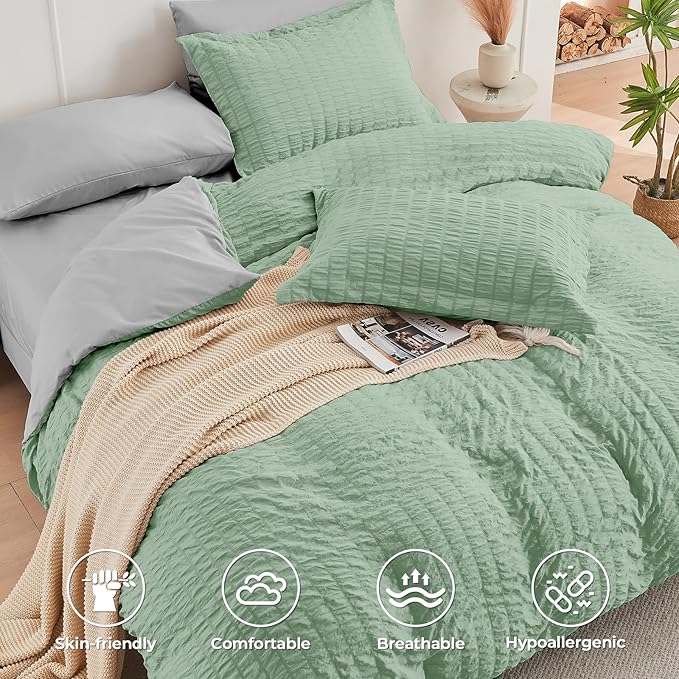 HYMOKEGE Sage Green/Light Grey Queen Comforter Set Seersucker 7 Pieces - Image 3