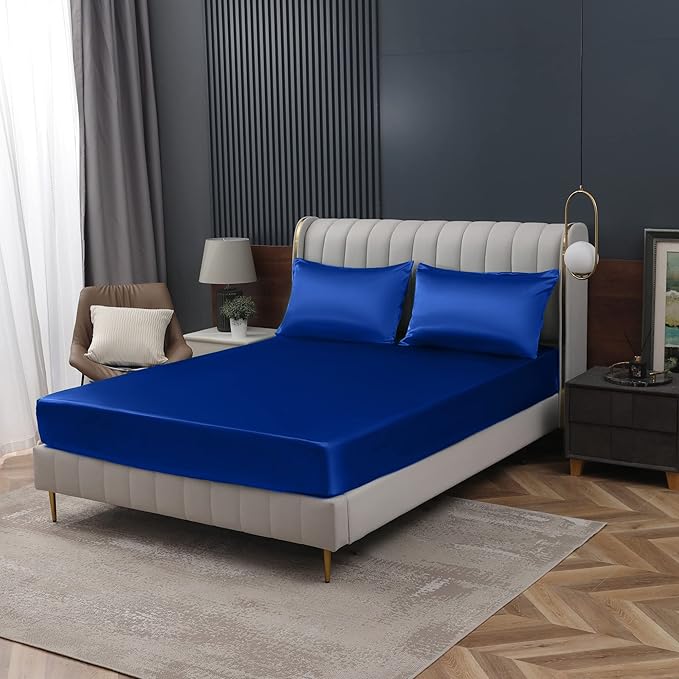 Homiest Royal Blue Satin Fitted Sheet Queen Size, Deep Pocket, Luxury & Ultra by Homiest