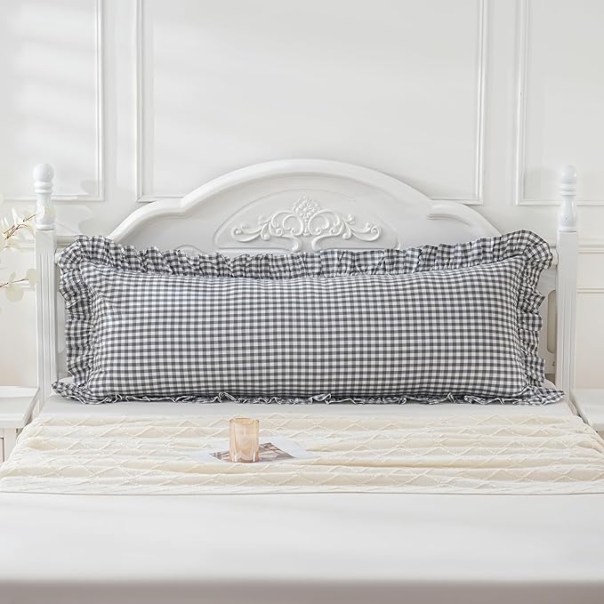 Grey/White Plaid Ruffled Checkered Body Pillow Sham 20x54 inches 1 Piece - Image 2