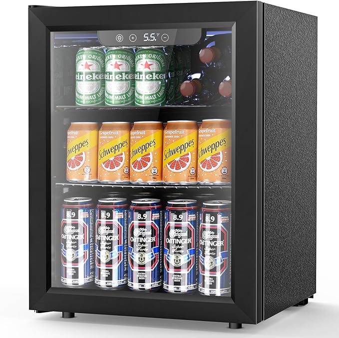 1.7 Cu.ft Beverage Refrigerator Cooler, 68 Can Mini Fridge Glass Door with Adjustable Shelves, Digital Temperature Display, Freestanding Small Drink Fridge for Home, Office or Bar(Black)-DeskoryOffice