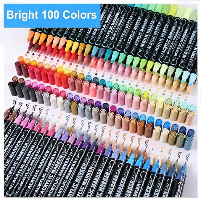 100 Colors Waterproof Dual Tip Acrylic Paint Pens, Dot & Fine Tip Premium Coloring Drawing Markers Set for Wood, Rock, Canvas, Glass, Ceramic Surfaces and DIY Crafts Making Art Supplies-DeskoryOffice