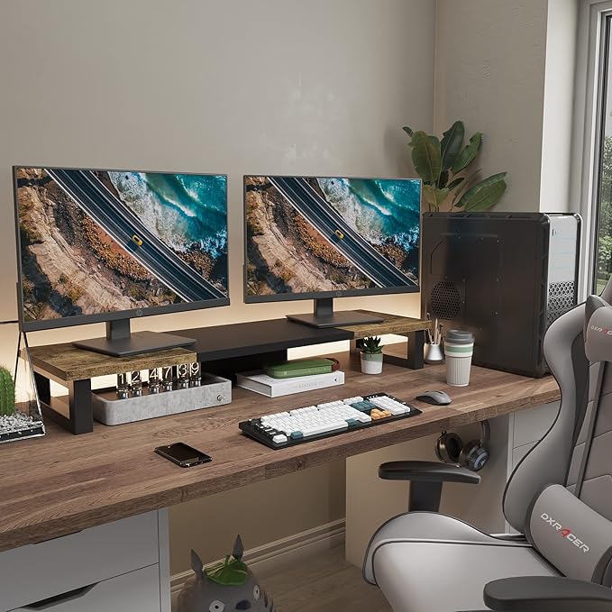 WESTREE Dual Monitor Stand Riser, Wood and Steel Monitor Stand Riser, Computer Monitor Stand for 2 Monitors, Multi-Purpose Desktop Storage Stand for Computer,Laptop,Printer,TV-DeskoryOffice