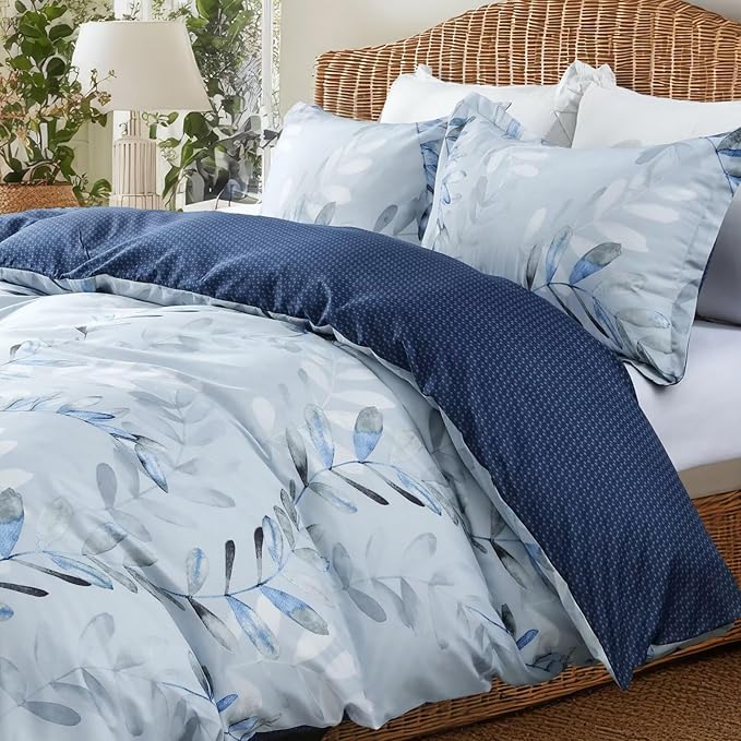 OAITE Duvet Cover King Size, Reversible Leaf Blue Duvet Cover Set - Image 2