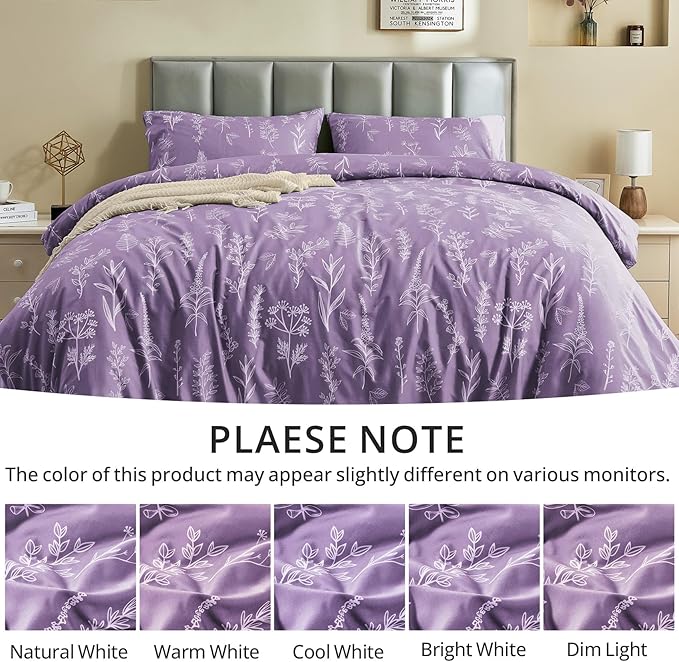 MUXHOMO Duvet Cover Queen Size, Reversible Floral Grayish Purple Duvet Cover Set - Image 7