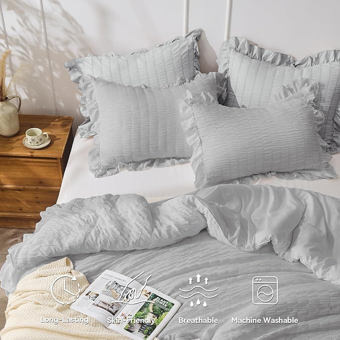 JOLLYVOGUE Light Grey Queen Comforter Set, 3 Pieces Seersucker Comforters Queen - Image 3