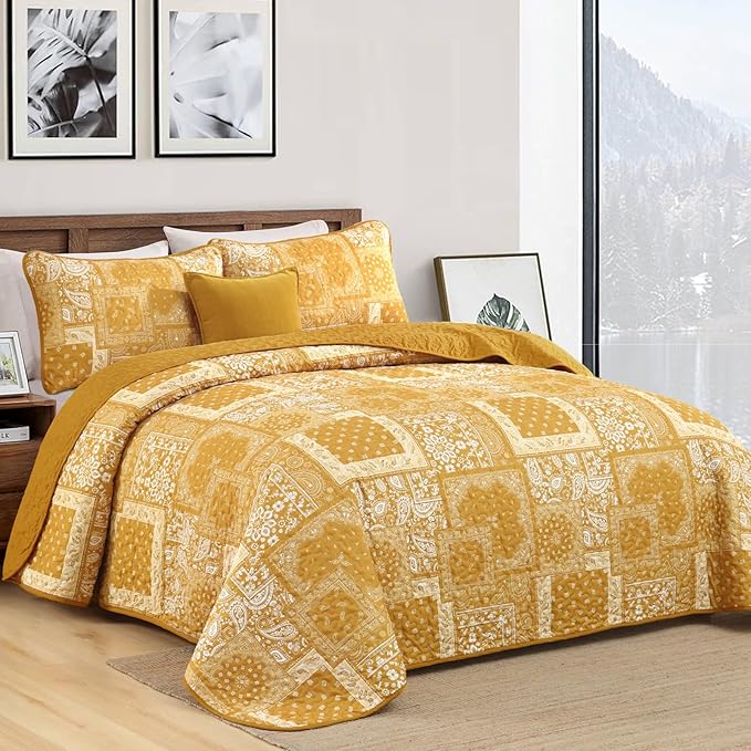 Cottolester Boho Quilt Set Queen Size, 3 Pieces Yellow Patchwork Paisley Quilt - Image 2