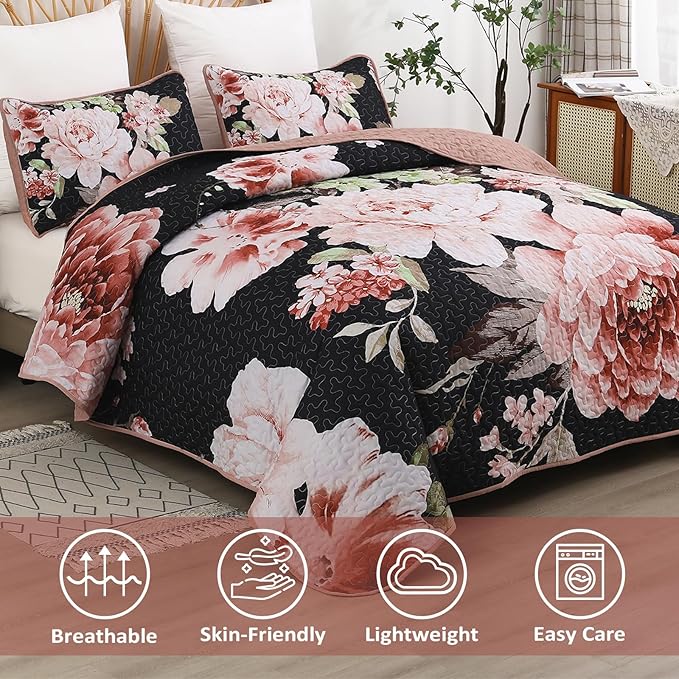WONGS BEDDING Black Quilt Set King, Elegant Botanical Printed Bedspreads 3 - Image 3