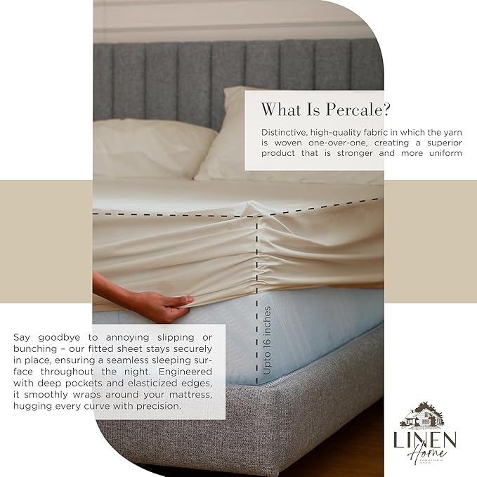 Linen Home 100% Cotton Percale Sheets Twin Size, Light Taupe, Deep Pocket - Image 4