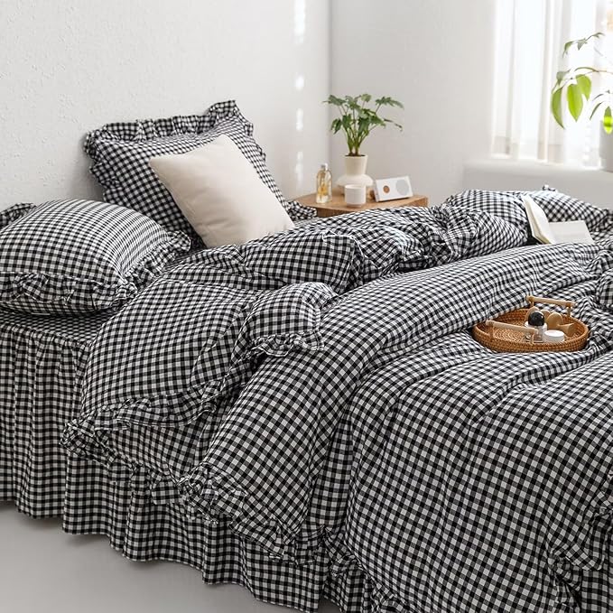 mixinni Black White Gingham Ruffle Duvet Cover Twin XL Size 3 Pieces – 100% by mixinni