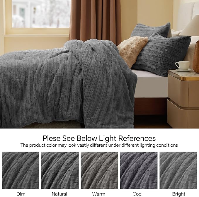 BEDELITE Fleece King Comforter Set -Super Soft & Warm Fluffy Grey Faux Fur - Image 9