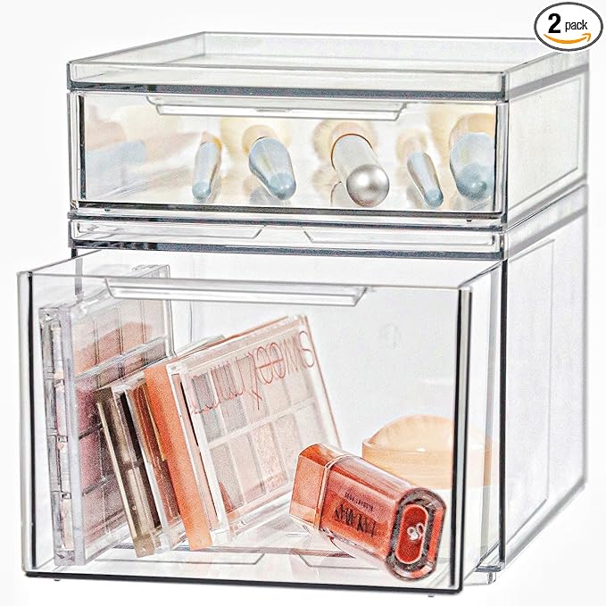 Set of 2 Stackable Storage Drawers - 6.7" Clear Plastic Drawer Storage, Acrylic Makeup Organizer, Desk Counter Cabinet Office Organizer, Bathroom Organizers and Storage (Modern/Set of 2)-DeskoryOffice