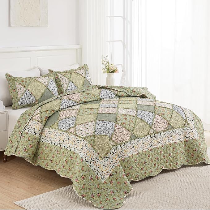 VIVILINEN Full Queen Size Green Patchwork Quilt Set Reversible Quilted - Image 9