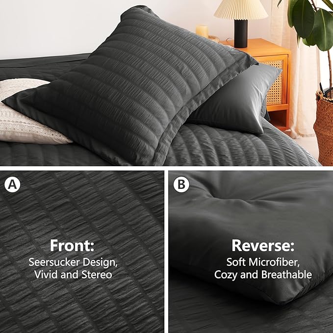 CozyLux Oversized Queen Comforter Set Dark Grey Seersucker 7 Pieces 98x98 Bed - Image 4