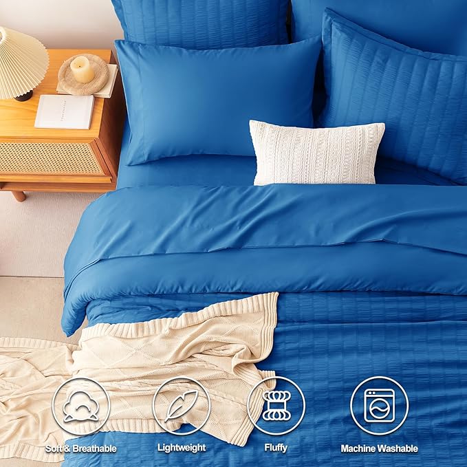 CozyLux Queen Comforter Set Classic Blue Seersucker 7 Pieces Bed in a Bag Queen - Image 2