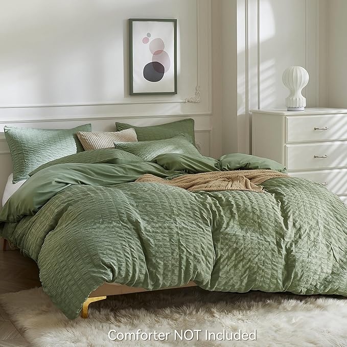 JELLYMONI Dark Green Duvet Cover Queen Size, Soft Breathable Seersucker Duvet - Image 3