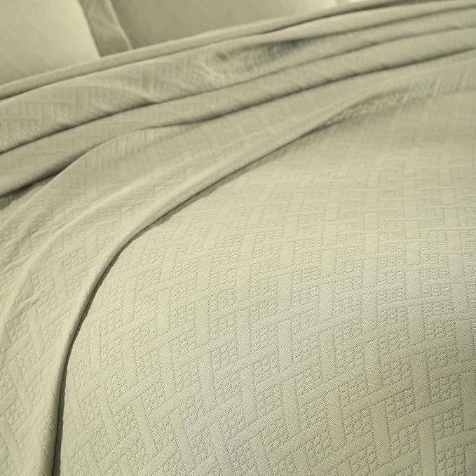 Superior 2 Piece Basketweave Cotton Bedspread Set, Home Bed Decor, Decorative Bed Spread, 1 Pillow Sham, Medium Weight Blanket, Matelasse Coverlet Bedding, Geometric Lattice Pattern, Twin, Sage