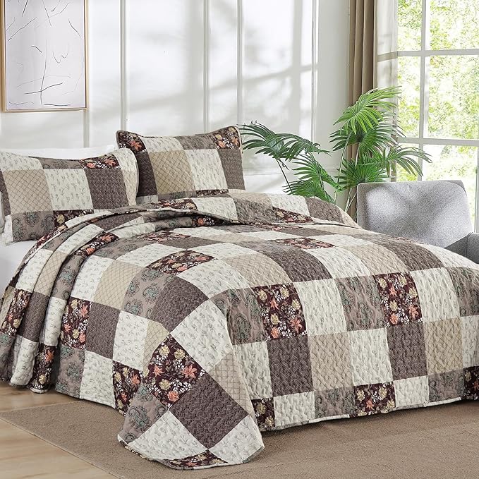 Xruibed Floral Plaid Patchwork Fall Quilt Set Queen Size 3 Pieces Taupe Beige - Image 2