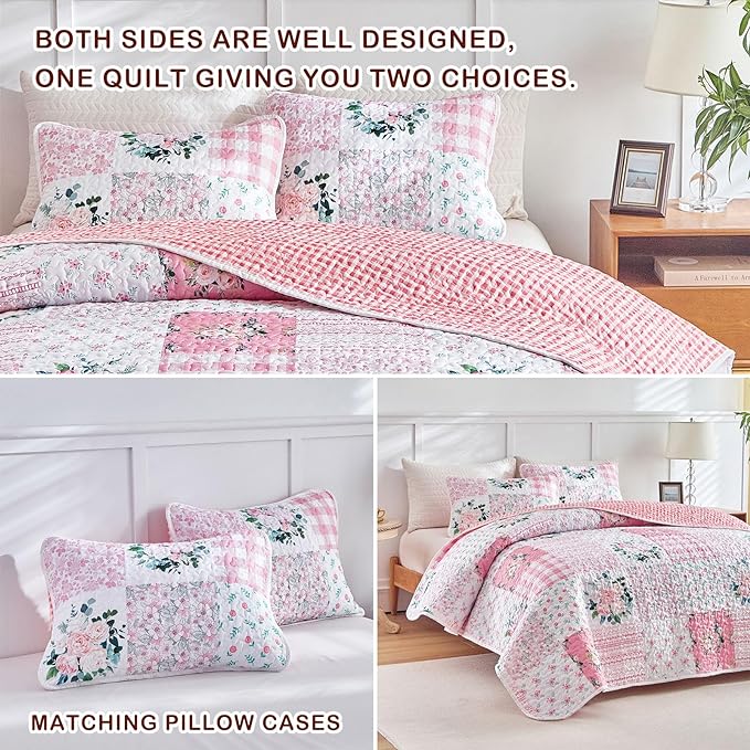 Joyreap 3 Pieces Floral Patchwork Quilt Set Queen, Soft n Cozy Microfiber Quilt - Image 6