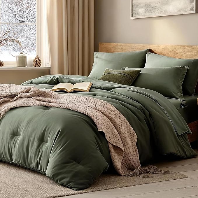 WRENSONGE Super King Comforter Set- 7 Pieces Soft Olive Green Bed in a Bag by WRENSONGE