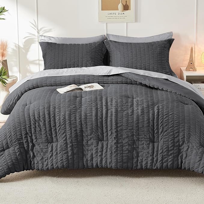 HYMOKEGE Dark Grey/Light Grey California King Comforter Set Seersucker 7 Pieces - Image 7