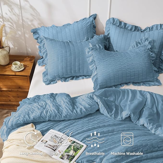 JOLLYVOGUE Twin Size Comforter Set, 2 Pieces Sea Blue Seersucker Lightweight - Image 2