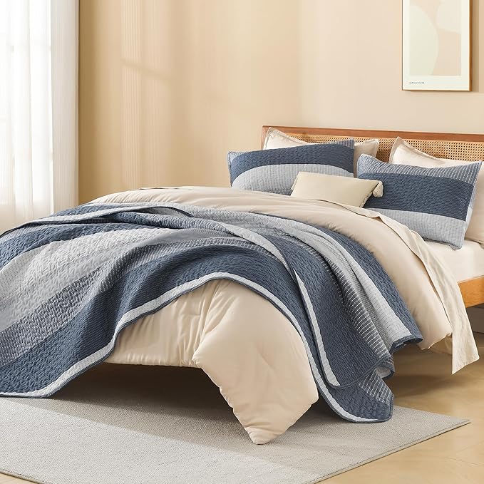 Litanika King Size Quilt Set Navy Blue, Stripe Patchwork Summer Bedspread - Image 4