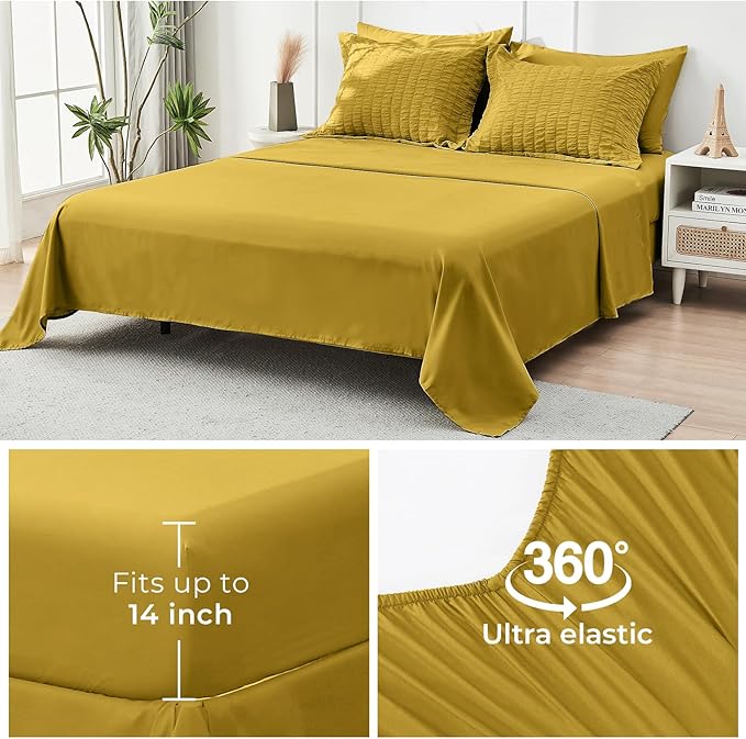 HYMOKEGE Mustard Yellow Queen Comforter Set Seersucker 7 Pieces, All Season - Image 7