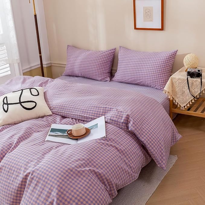 mixinni Purple Gingham Grid Duvet Cover Queen, 100% Washed Cotton Modern - Image 4