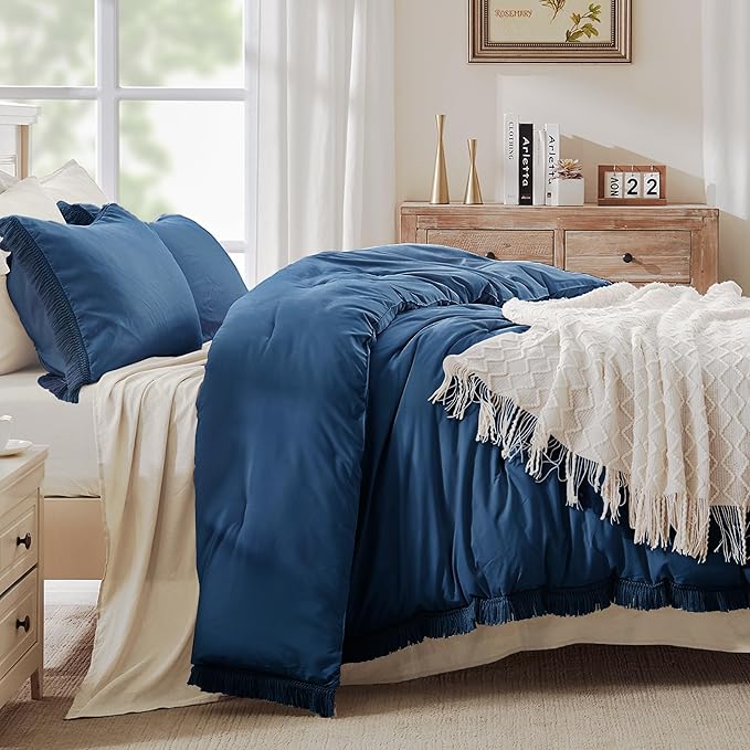 Andency Navy Blue Comforter Set California King, 3 Pieces Boho Tassel - Image 2