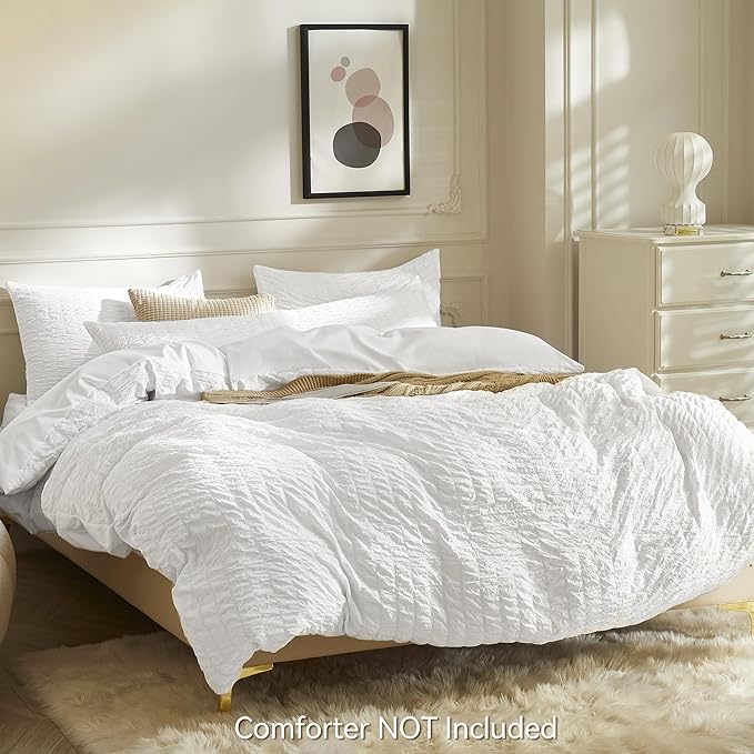 JELLYMONI Bright White Duvet Cover Twin Size, Soft Breathable Seersucker Duvet - Image 3