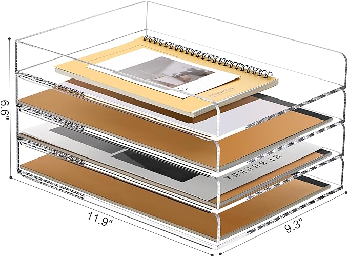 SANRUI 4 Tier Stackable Paper Letter Tray, Acrylic Vertical File Tray A4 Desk Organizer and Accessories Sorter Trays, Clear Workspace Office Supplies Organizers,12inx9.25inx6.6in-DeskoryOffice
