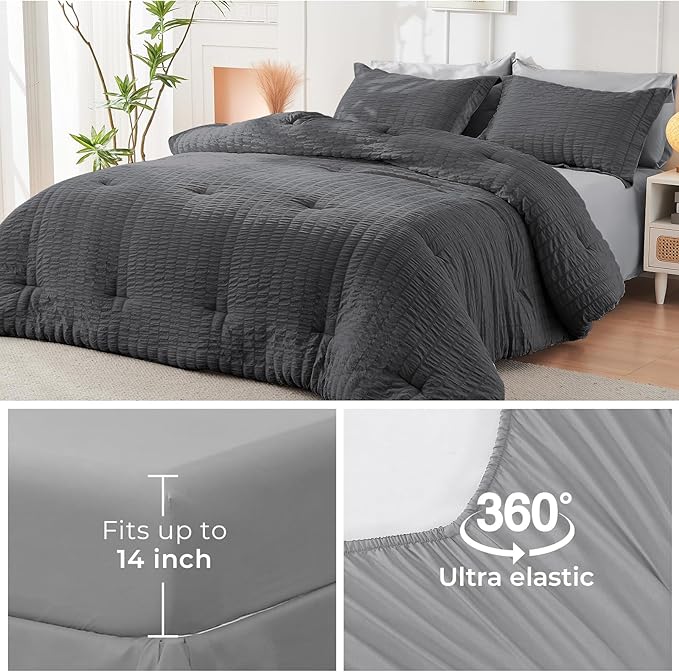 HYMOKEGE Dark Grey/Light Grey Full Size Comforter Sets Seersucker 7 Pieces - Image 6